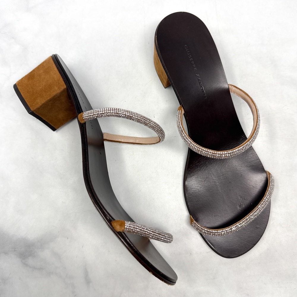 Giuseppe Zanotti Suede Rhinestone Minimalist Mule Sandal Heels Brown 40